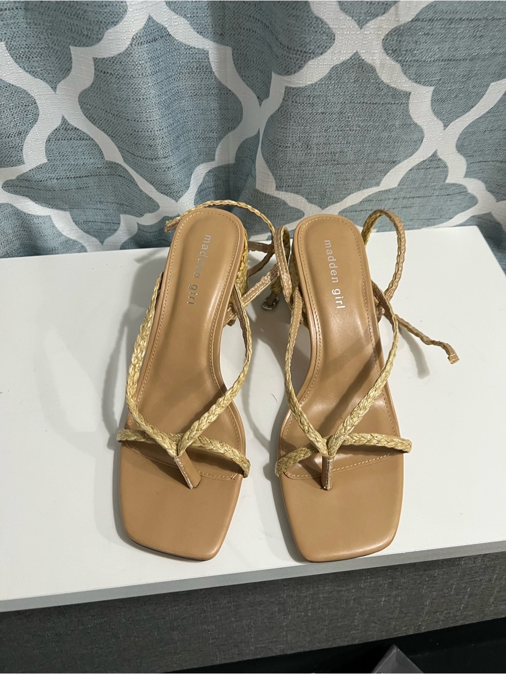 Madden Girl Braided Tan Strappy Sandals with Ankle Tie thick heels